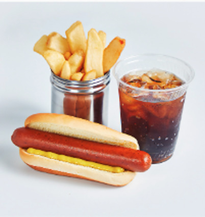 Hot dog with mustard, french fries and an iced soda from the Wollman Café